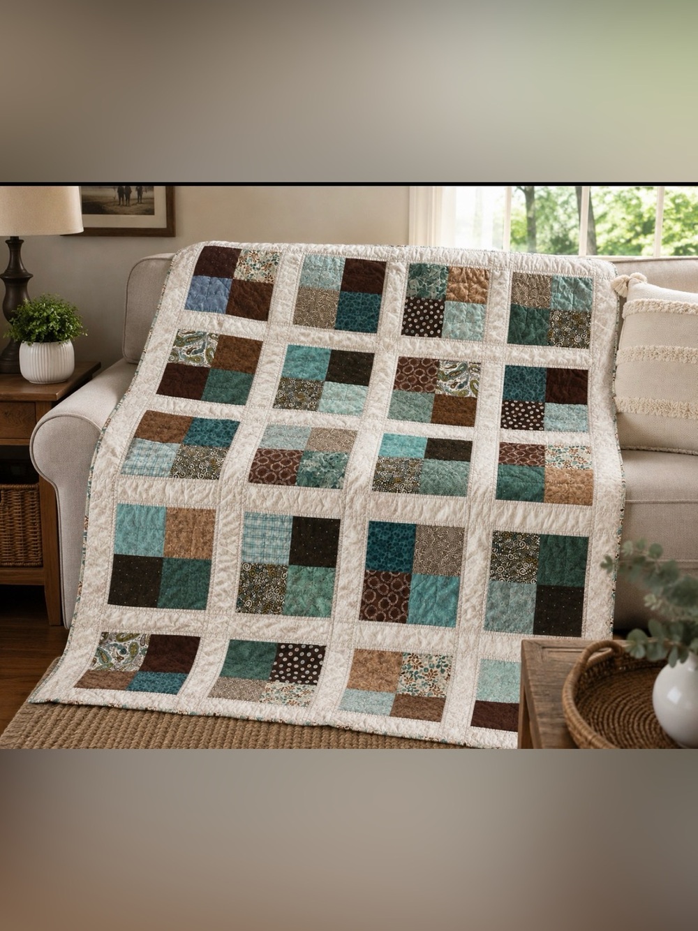 79”x63” Handmade Patchwork Quilt - Teal, Brown & Cream